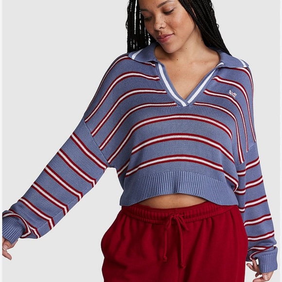 PINK Victoria's Secret Sweaters - PINK Victoria's Secret Blue and Red Striped V-Neck Sweater cropped XL